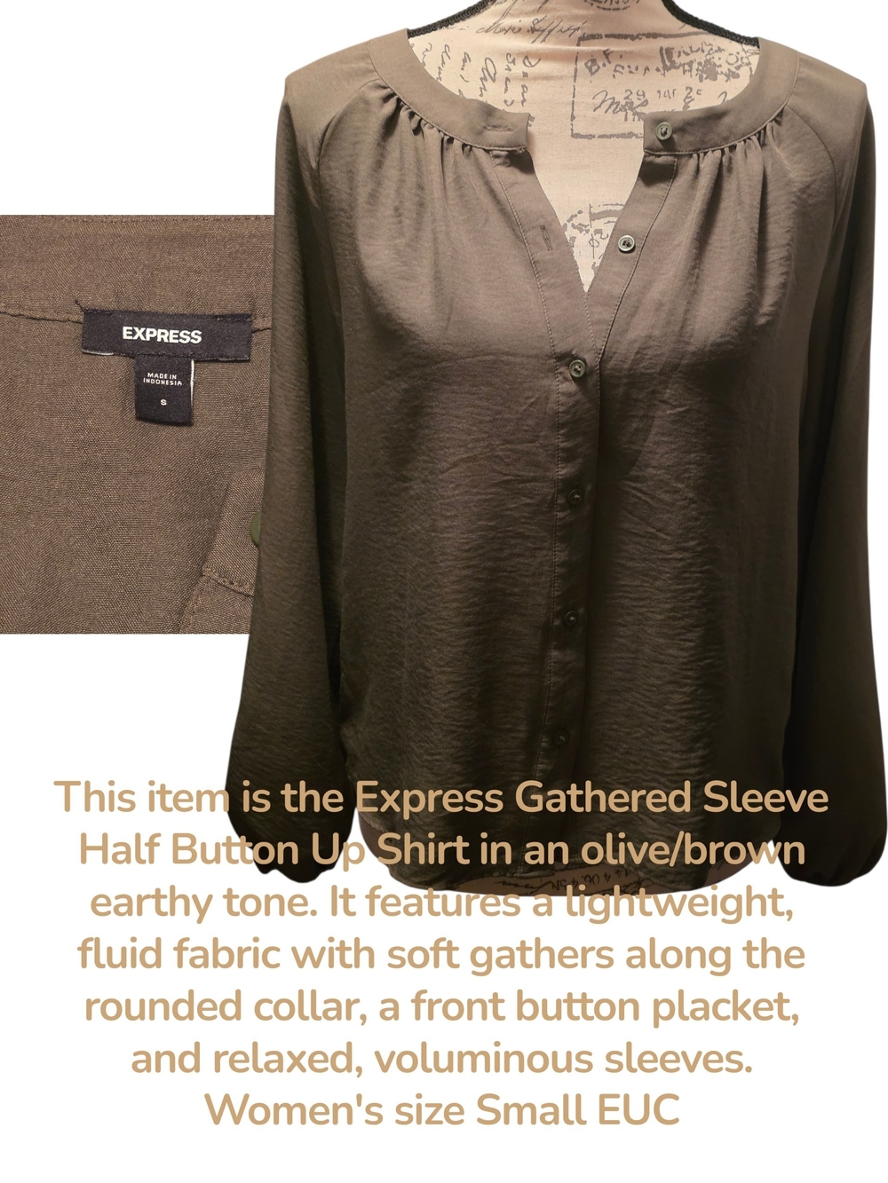 Express Women's Olive Brown Gathered Sleeve Button-Up Top Blouse L/S SMALL EUC
